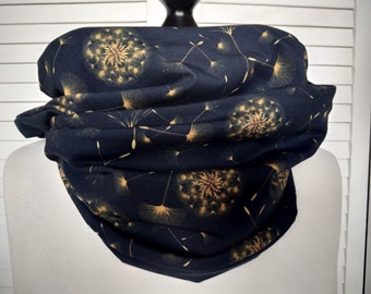 Loop scarf wrap scarf dark blue mustard yellow with dandelions cotton jersey necklace