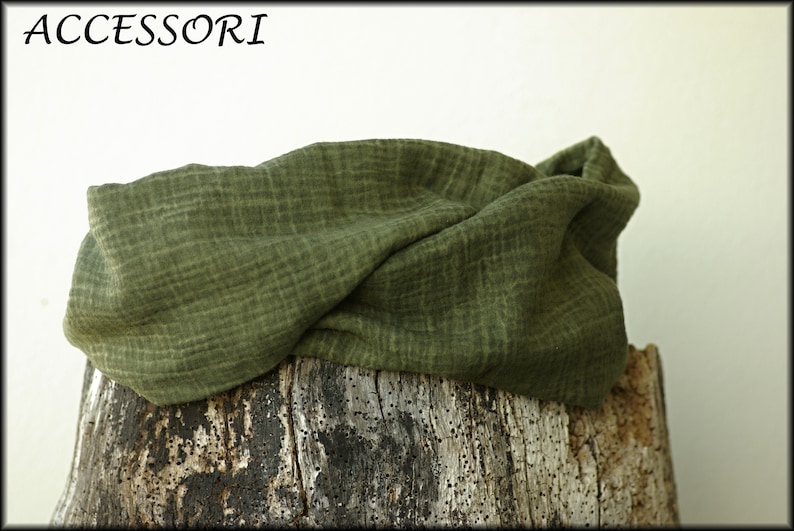 Loop scarf wrap muslin olive green cotton necklace image 2