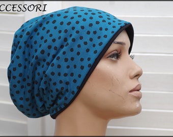 Beanie hat double hat reversible hat dots blue black dotted cotton jersey