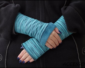 Cuffs arm warmers double-sided or with thumb hole turquoise blue striped alpine fleece hand warmers soft warm cuddly