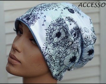 Hat Beanie Double Hat Reversible Hat Black White Mint Green with Dandelions Cotton Jersey