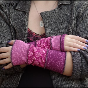 Arm warmers, hand warmers, hand warmers, wrist warmers, summer warmers, reversible warmers, pink purple dotted patchwork image 2