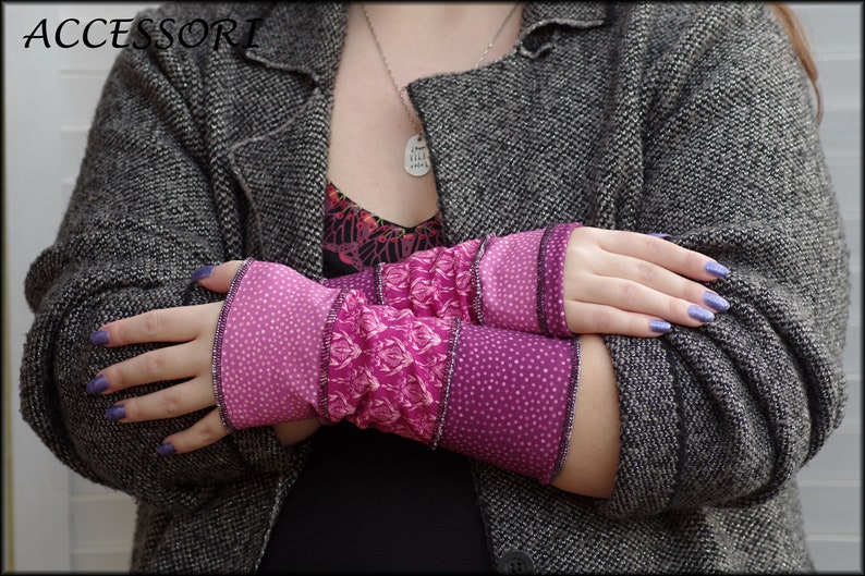 Arm warmers, hand warmers, hand warmers, wrist warmers, summer warmers, reversible warmers, pink purple dotted patchwork image 2