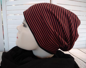 Beanie beanie double hat reversible hat red black striped cotton jersey