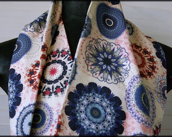 Loop scarf wrap scarf very light blue red cream mandala viscose necklace