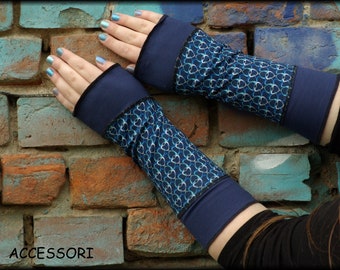 Arm warmers, wrist warmers, hand warmers, viscose, cotton, jersey, summer wrist warmers with hearts, blue, pulse warmers, hand warmers