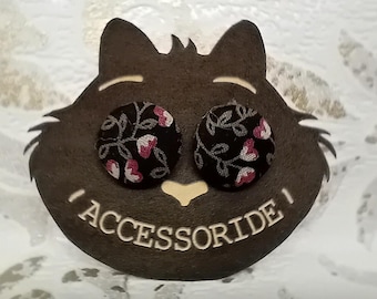 Stainless steel stud earrings, black fabric-covered buttons, original ear jewelry, gift