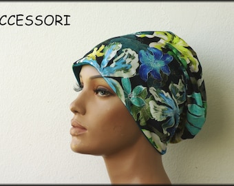 Cap beanie double cap reversible cap green blue turquoise petrol floral viscose jersey cotton jersey