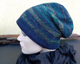 Wool hat beanie wool striped dark blue green warm lined with fleece cuddly
