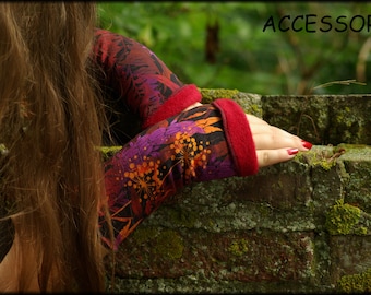 Cuffs arm warmers double-sided or with thumb hole wine red purple orange black with dandelions alpine fleece hand warmers soft warm cuddly