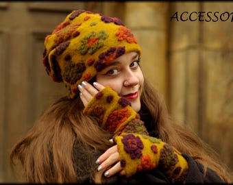 Wool hat, beanie, wool leg warmers, mustard yellow, orange green, purple, floral, warm, fleece-lined, cuddly
