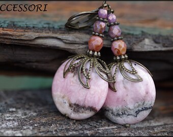 Earrings with rhodochrosite and Czech glass beads pink bronze