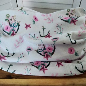 Loop Scarf Wrap Scarf Muslin white pink with anchors Starfish Roses maritime flowered Cotton Necklace