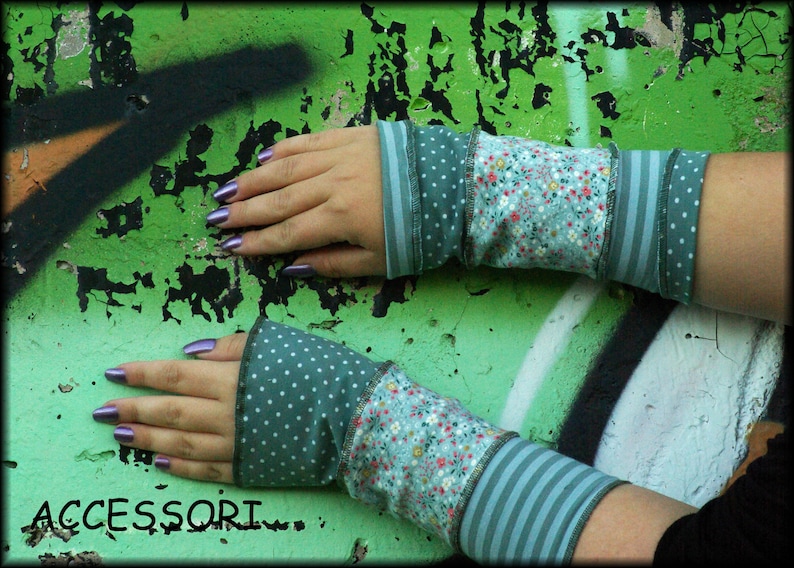 Arm cuffs Hand warmers Pulse warmer Summer cuffs Reversible cuffs mint green striped dotted flowered patchwork image 1