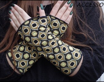 Cuffs arm warmers double-sided or with thumb hole green black retro motif sports fleece hand warmers soft warm cuddly