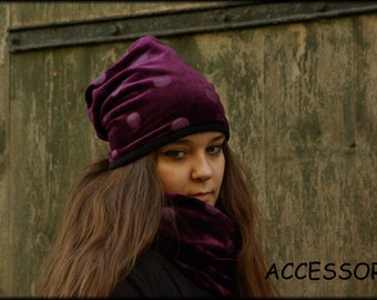 Beanie hat with fleece lining velvet with embossing velvet hat plum purple dotted loop scarf headband