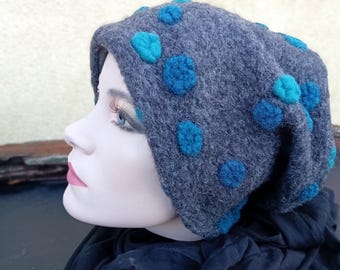 Wool hat beanie wool dotted grey blue turquoise warm lined with fleece cuddly