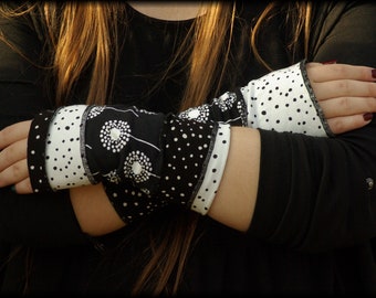 Arm warmers hand warmers pulse warmer summer warmers turning tulips dotted black white patchwork puff flowers