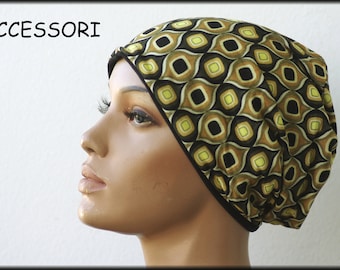 Cap Beanie double cap reversible cap black green kiwi avocado retro pattern viscose jersey cotton jersey