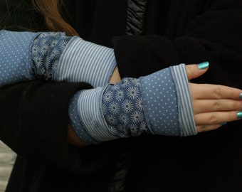 Cuffs arm cuffs hand cuffs reversible cuffs summer cuffs light blue dotted striped patchwork cotton wrist warmers hand warmers