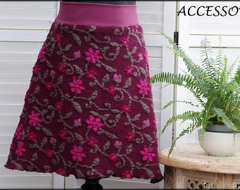 Wool skirt women's skirt short skirt A-cut floral fuchsia pink purple flowers wool warm