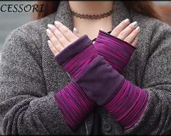 Stulpen Armstulpen Handstulpen Wendestulpen beideseitig violet fuchsia gestreift Polar Fleece Patchwork Handwärmer weich warm kuschelig