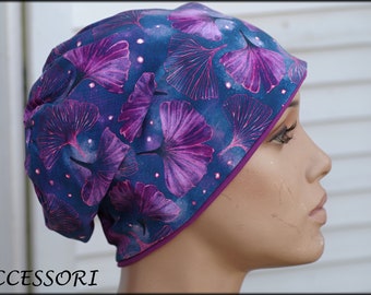 Hat Beanie Double Hat Reversible Hat Blue Purple with Ginkgo Floral Cotton Jersey