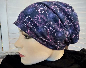 Mütze Beanie Doppelmütze Wendemütze dunkel blau violett mit Pusteblumen geblümt Baumwolljersey