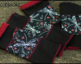 Arm gauntlets gauntlets turning gauntlets hand warmers pulse warmer cotton black red red patchwork dragonflies hearts