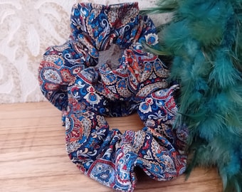 Scrunchie hair tie ponytail holder blue orange paisley hair accessories hair jewelry