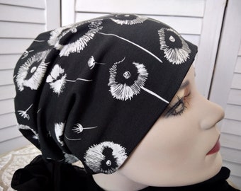 Beanie Beanie Double Cap Reversible Cap Black White with Dandelions Flowered Cotton Jersey
