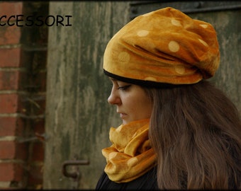 Beanie Beanie with fleece lining Velvet with embossing Velvet cap mustard yellow dotted Loopschscarf Headband