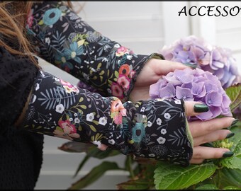 Cuffs arm warmers double-sided or with thumb hole black green floral alpine fleece hand warmers soft warm cuddly