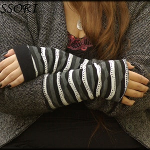 Cuffs Arm cuffs on both sides or with thumb hole black white gray stripes lined with fleece hand warmers soft warm cuddly image 4