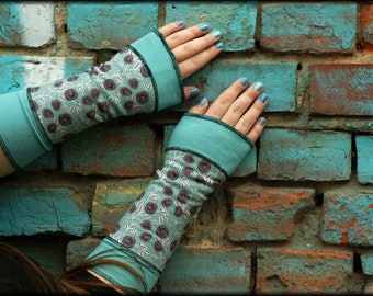Arm warmer stulps hand warmerviscose cotton jersey summer warmers flowered bright blue turquoise pulse warmer hand warmer