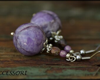 Charoite earrings purple Bohemian glass beads stainless steel earrings