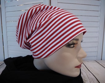 Beanie beanie double hat reversible hat red white striped cotton jersey