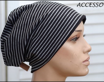 Hat Beanie Double Hat Reversible Hat Striped Black Grey Stripes Cotton Jersey