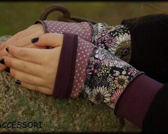 Cuffs Arm Warmers Hand Warmers Reversible cuffs Summer cuffs Lilac purple dotted flowered Patchwork Cotton Pulse Warmer Hand Warmer