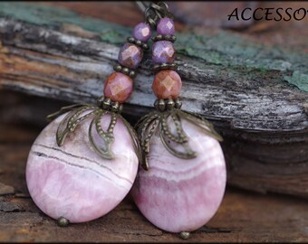 Ohrringe mit Rhodochrosite und böhmischen Glasperlen rosa bronze