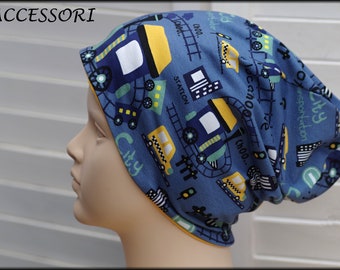 Children's Beanie Loop Locomotive Train dark blue yellow cotton baby hat warm cuddly fleece winter hat