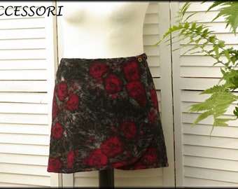 Wrap skirt wool skirt short skirt kidney warmer floral dark gray fuchsia roses mini skirt wool warm
