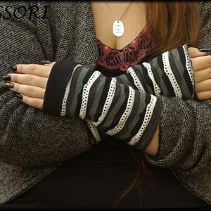 Cuffs Arm cuffs on both sides or with thumb hole black white gray stripes lined with fleece hand warmers soft warm cuddly image 2