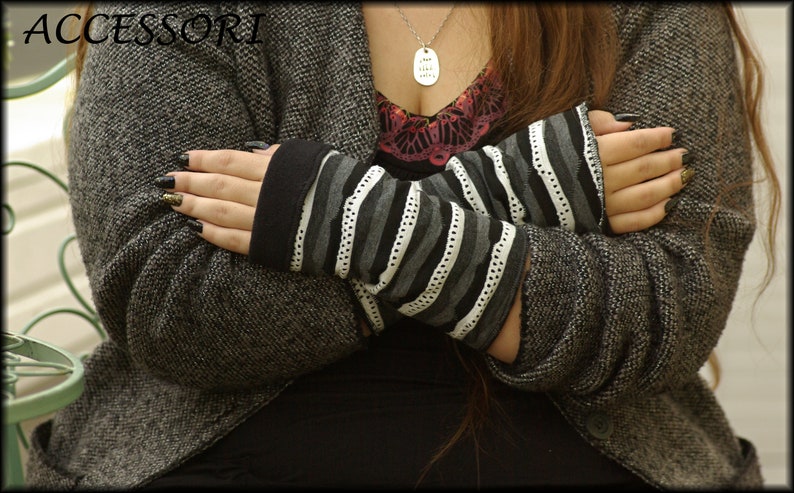 Cuffs Arm cuffs on both sides or with thumb hole black white gray stripes lined with fleece hand warmers soft warm cuddly image 2