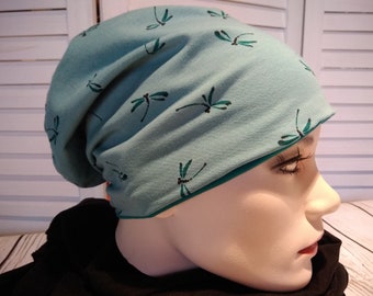 Beanie beanie double hat reversible hat mint green with dragonflies cotton jersey