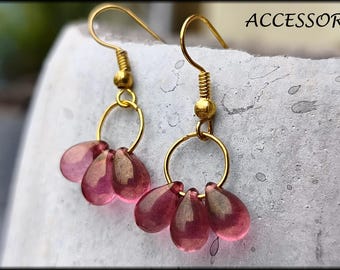 Drop earrings with Bohemian glass beads, stainless steel, gold, pink earrings