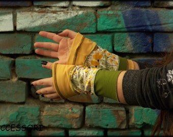 Leg warmers, arm warmers, hand warmers, wrist warmers, cotton, yellow, green, patchwork, summer leg warmers, reversible leg warmers, floral