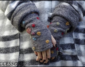 Cuffs Arm warmers with thumb hole Walk grey floral yellow orange dotted Wool very light