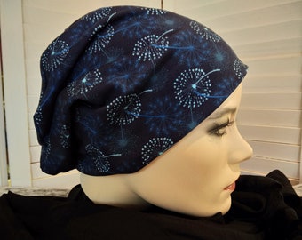 Beanie beanie double hat reversible hat dark blue with puff flowers floral cotton jersey