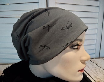 Beanie beanie double hat reversible hat in khaki grey with dragonflies cotton jersey